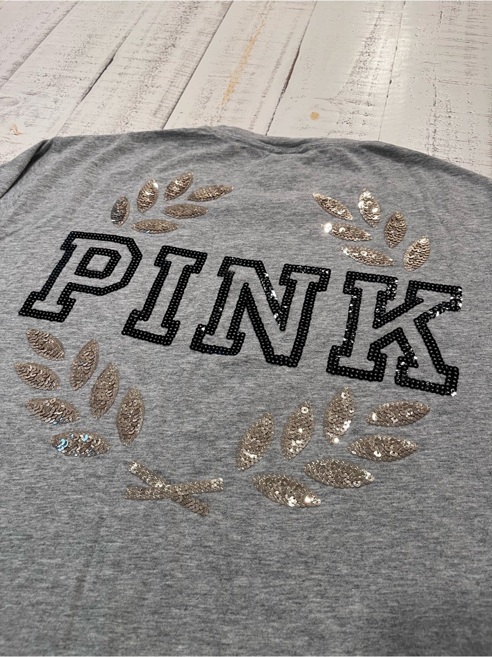 PINK Victoria's Secret Gray Long Sleeve Tee with Gold Sequin Laurel